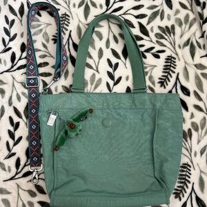 Kipling Green Nylon Tote Bag with Monkey Keychain